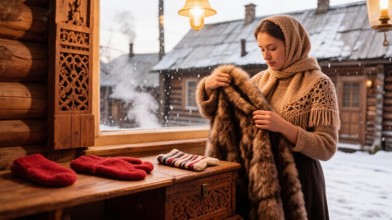 Женщина достает зимнюю одежду из сундука на Филиппову канитель.